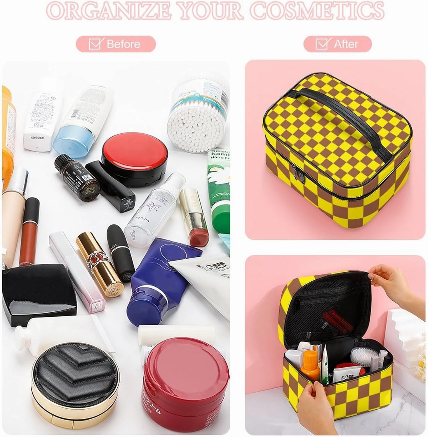 Leather Cosmetic Case, Checkered Brown and Yellow Portable Makeup Bag Organizer Large Capacity Travel Toiletry Bag with Zipper