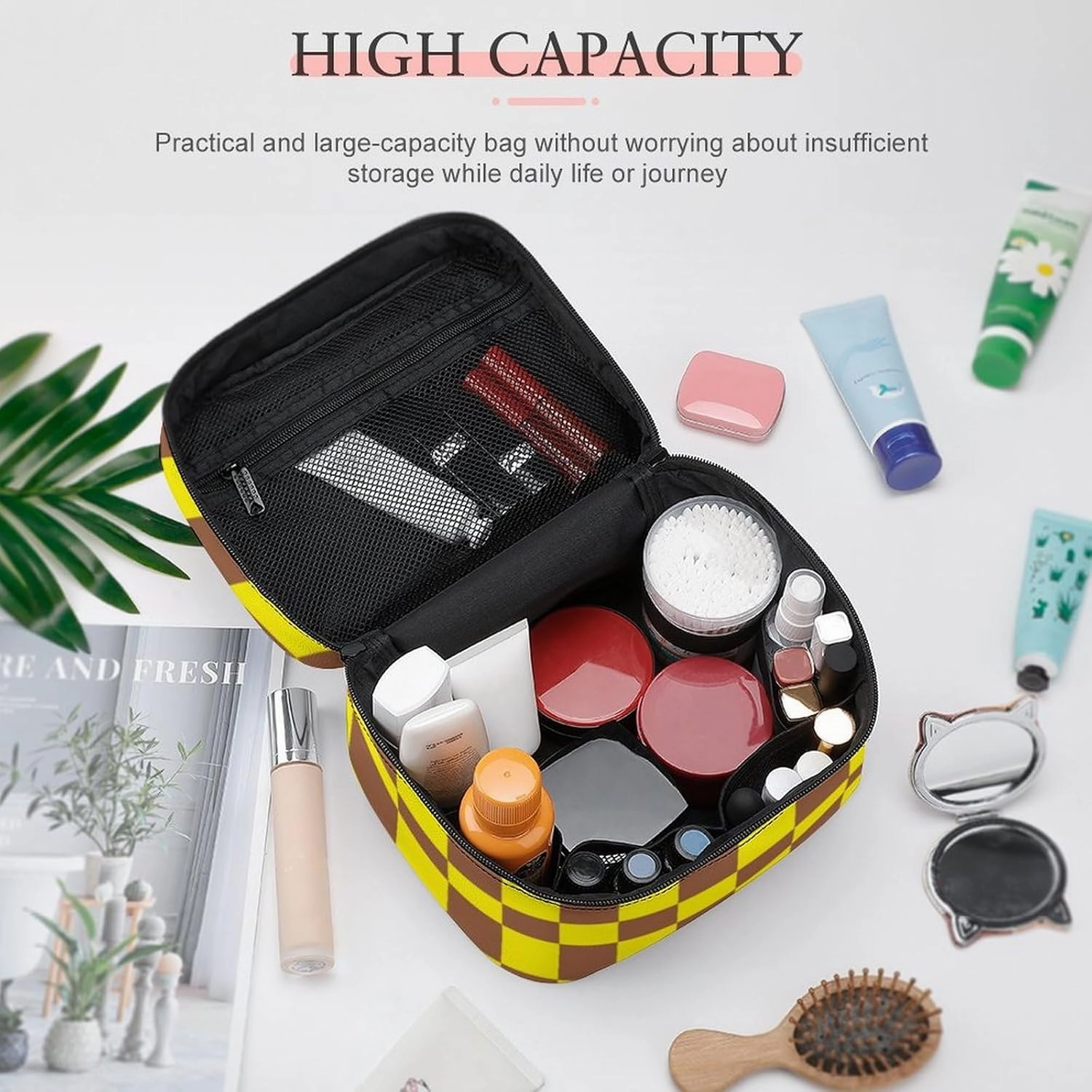Leather Cosmetic Case, Checkered Brown and Yellow Portable Makeup Bag Organizer Large Capacity Travel Toiletry Bag with Zipper