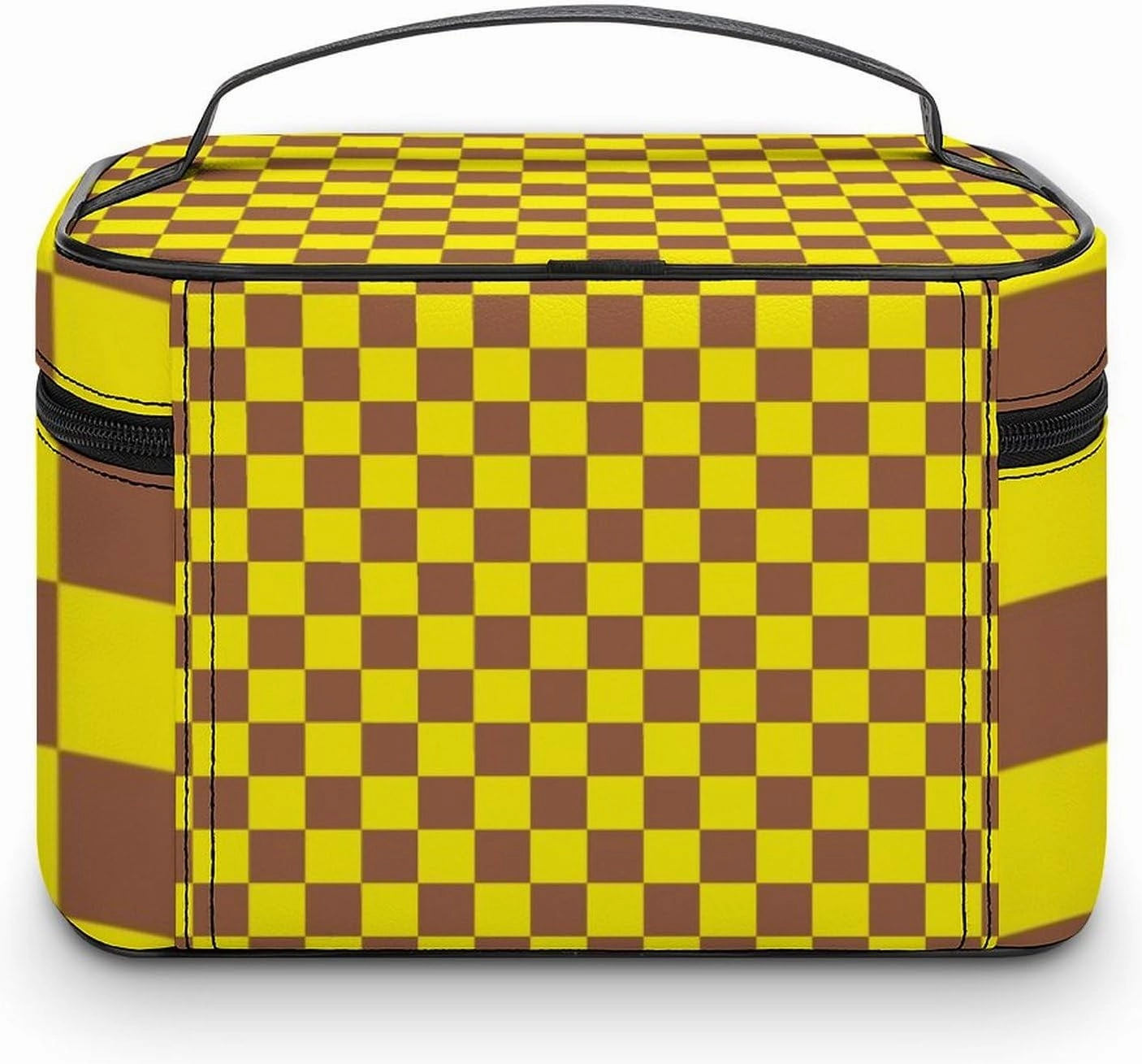 Leather Cosmetic Case, Checkered Brown and Yellow Portable Makeup Bag Organizer Large Capacity Travel Toiletry Bag with Zipper