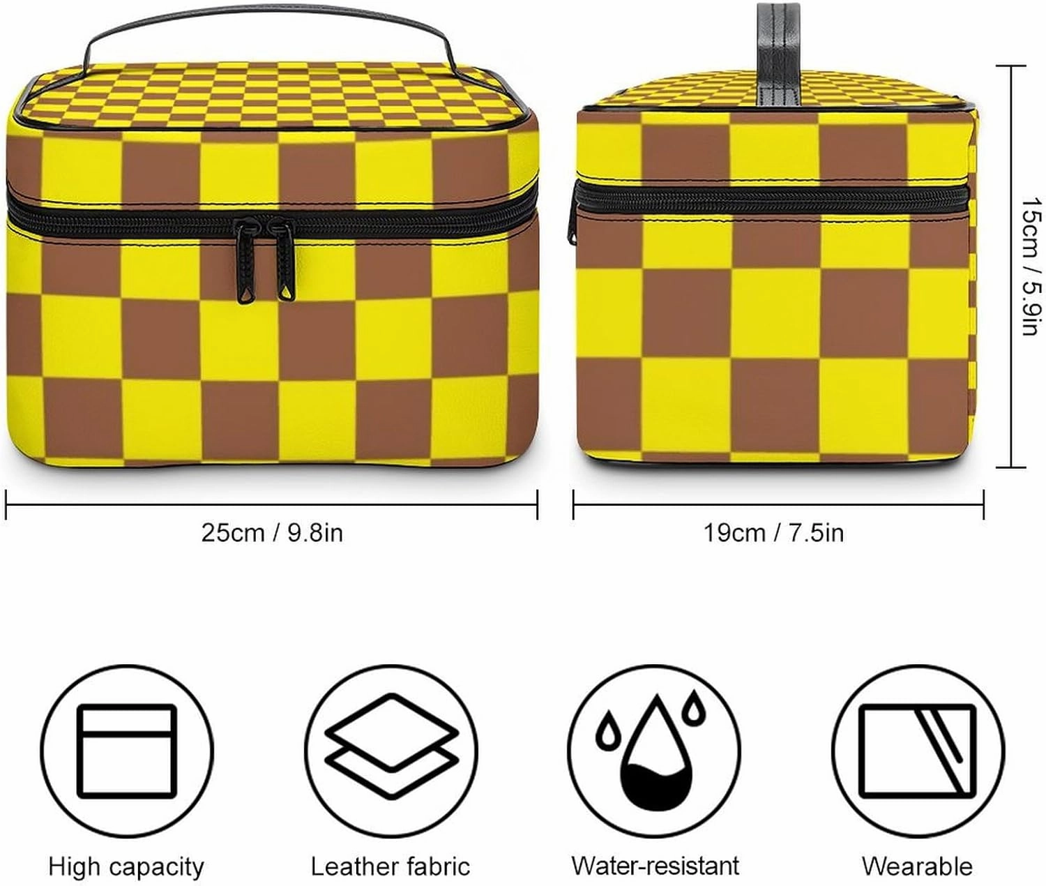 Leather Cosmetic Case, Checkered Brown and Yellow Portable Makeup Bag Organizer Large Capacity Travel Toiletry Bag with Zipper