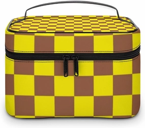 Leather Cosmetic Case, Checkered Brown and Yellow Portable Makeup Bag Organizer Large Capacity Travel Toiletry Bag with Zipper