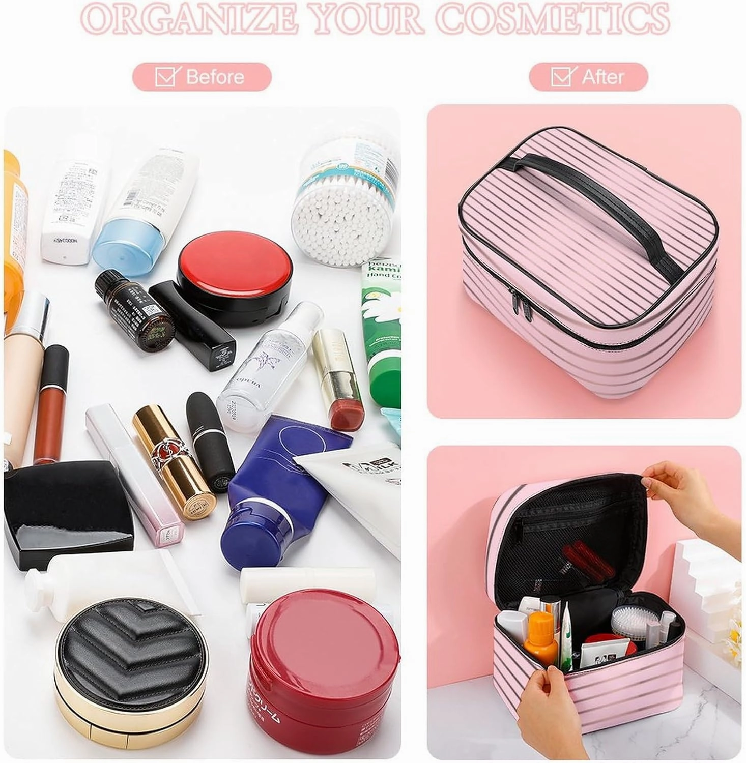 Leather Cosmetic Case, Cute Rose Gold & Pink Stripes Portable Makeup Bag Organizer Large Capacity Travel Toiletry Bag with Zipper
