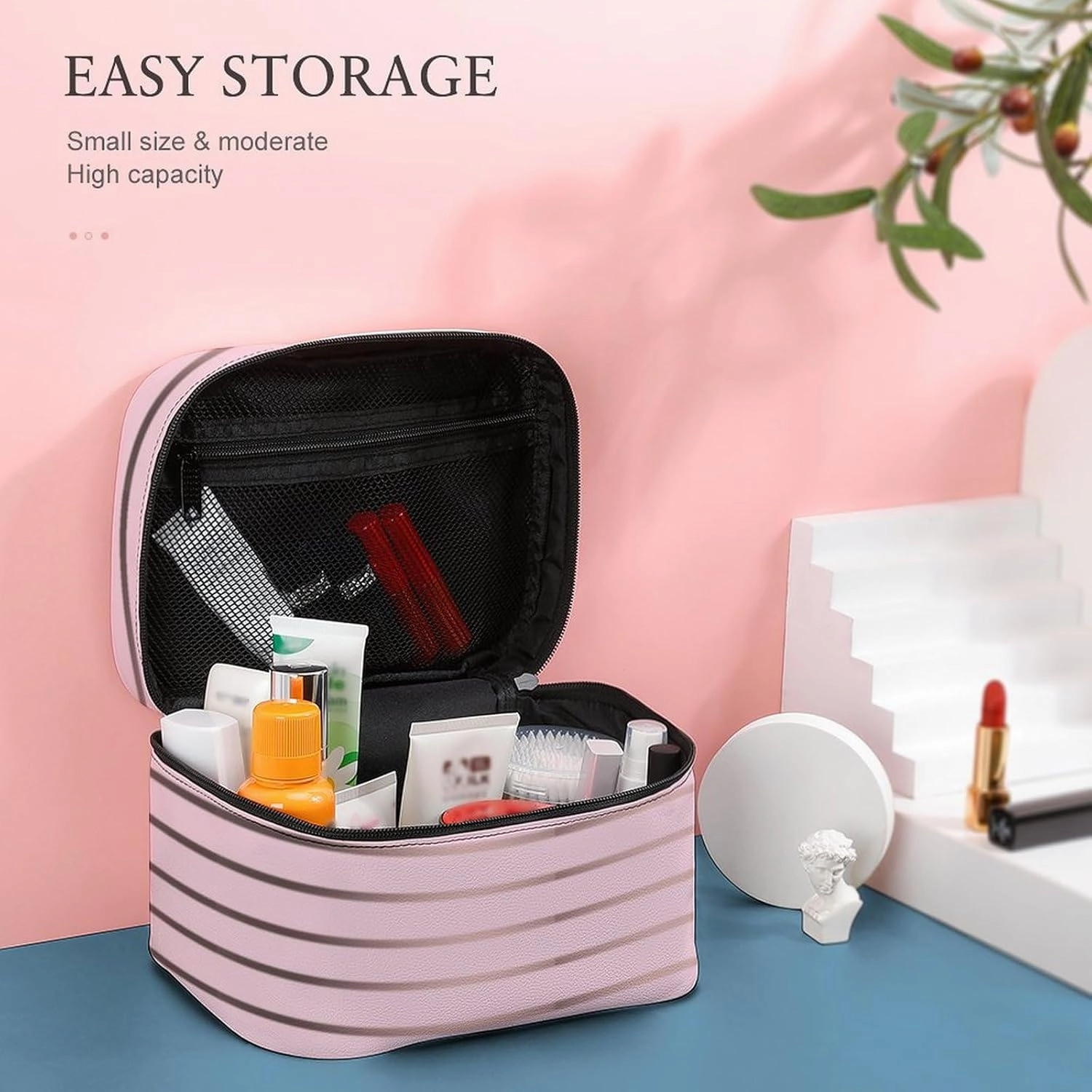 Leather Cosmetic Case, Cute Rose Gold & Pink Stripes Portable Makeup Bag Organizer Large Capacity Travel Toiletry Bag with Zipper