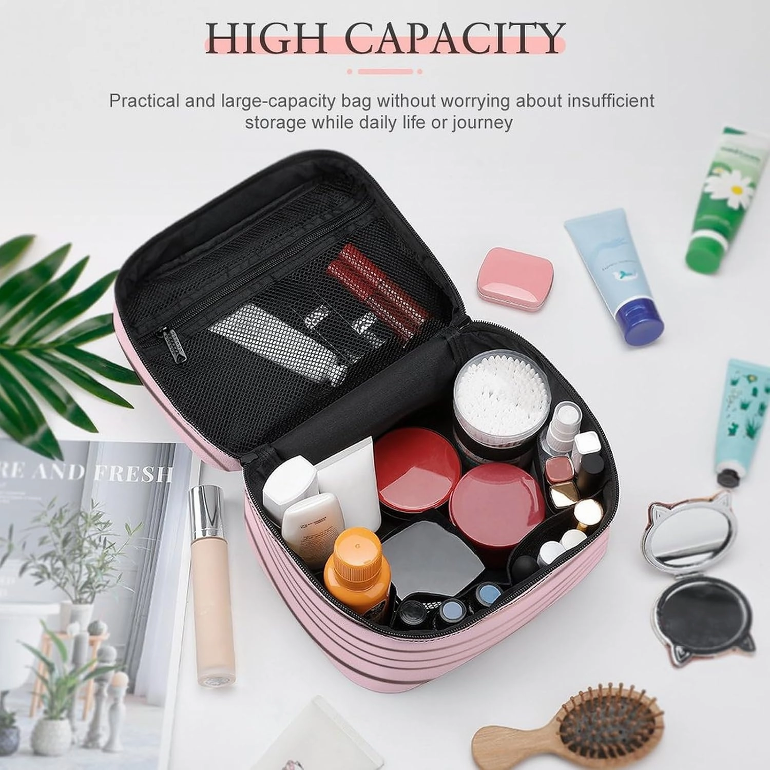 Leather Cosmetic Case, Cute Rose Gold & Pink Stripes Portable Makeup Bag Organizer Large Capacity Travel Toiletry Bag with Zipper