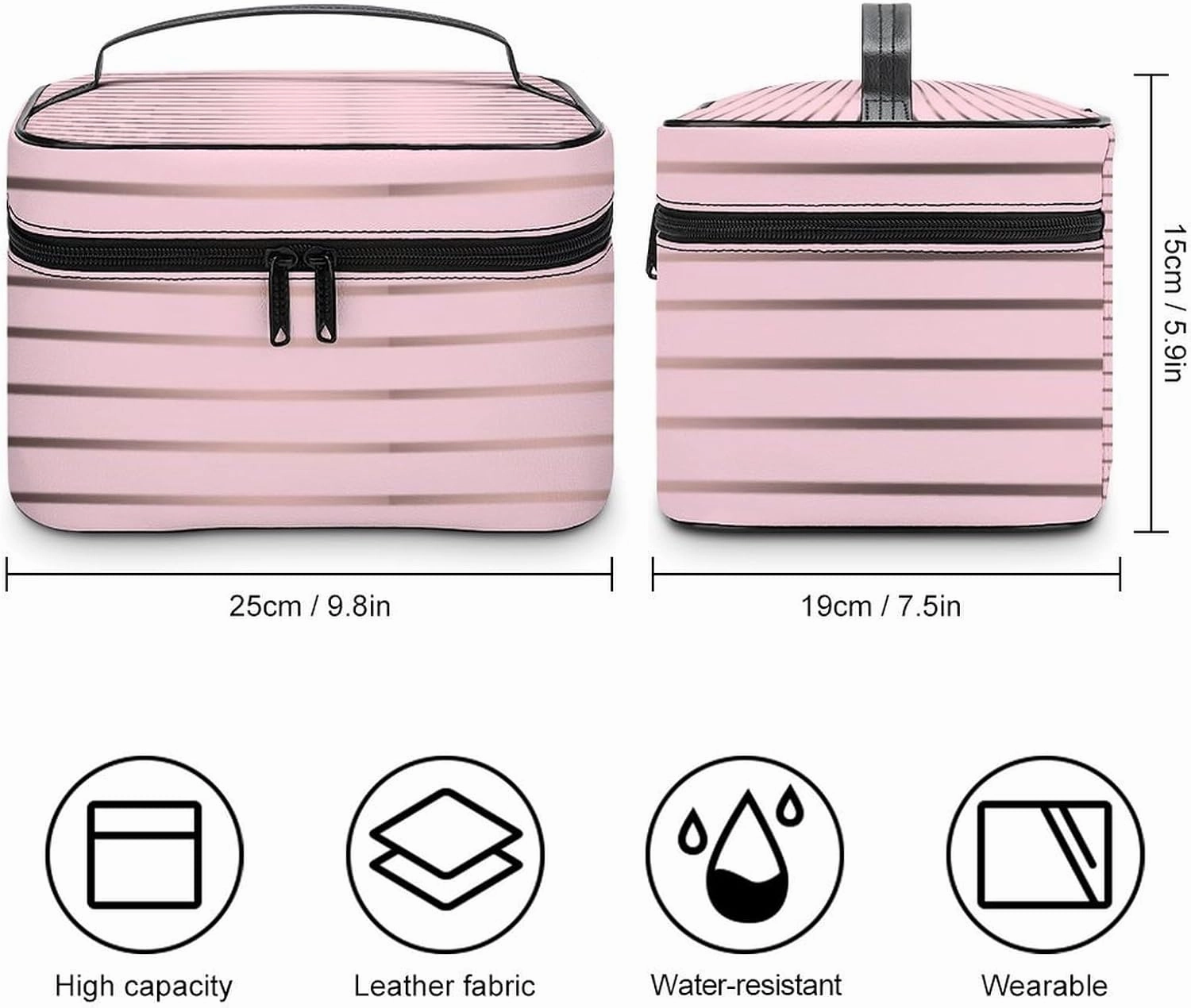 Leather Cosmetic Case, Cute Rose Gold & Pink Stripes Portable Makeup Bag Organizer Large Capacity Travel Toiletry Bag with Zipper