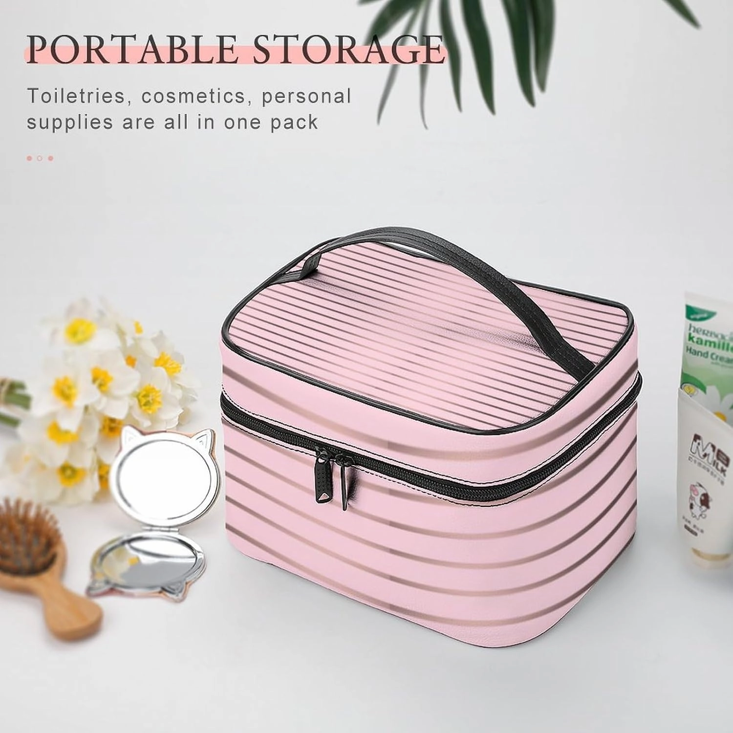 Leather Cosmetic Case, Cute Rose Gold & Pink Stripes Portable Makeup Bag Organizer Large Capacity Travel Toiletry Bag with Zipper