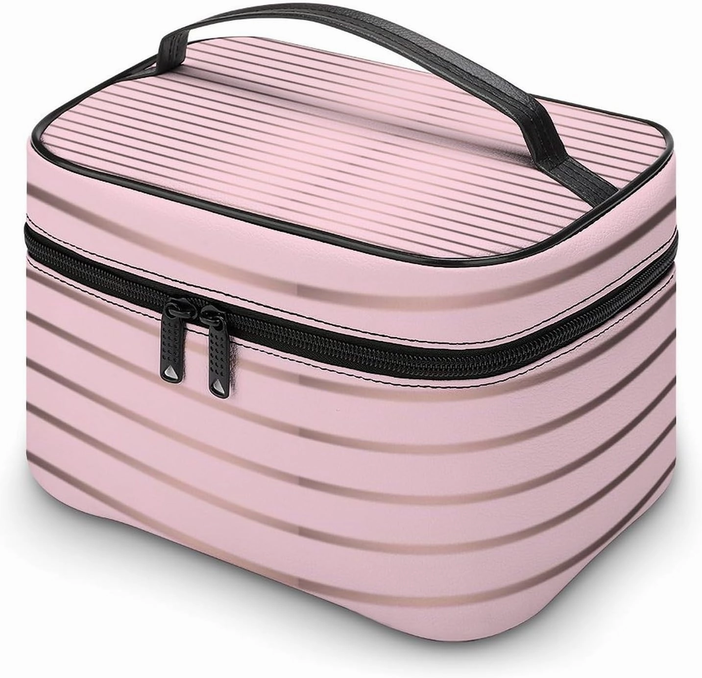 Leather Cosmetic Case, Cute Rose Gold & Pink Stripes Portable Makeup Bag Organizer Large Capacity Travel Toiletry Bag with Zipper