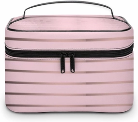 Leather Cosmetic Case, Cute Rose Gold & Pink Stripes Portable Makeup Bag Organizer Large Capacity Travel Toiletry Bag with Zipper