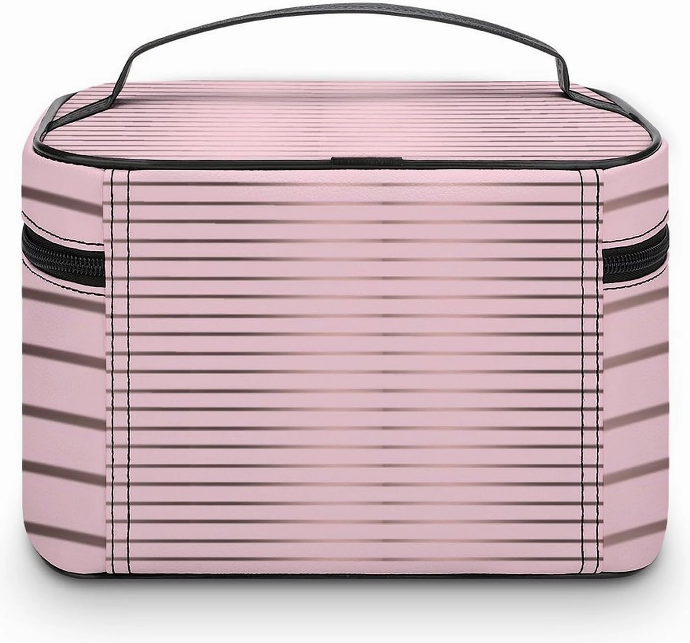 Leather Cosmetic Case, Cute Rose Gold & Pink Stripes Portable Makeup Bag Organizer Large Capacity Travel Toiletry Bag with Zipper