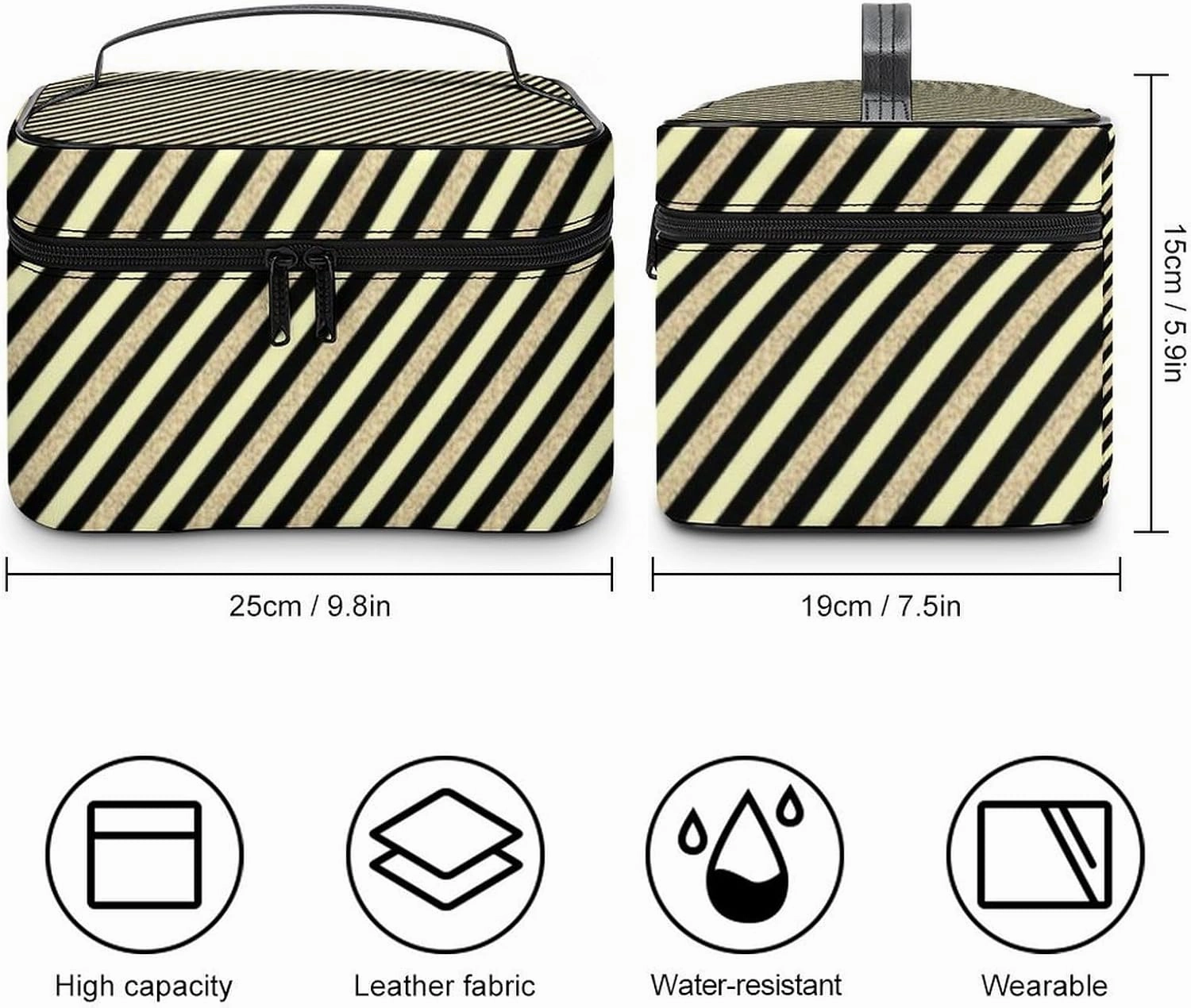 Leather Cosmetic Case, Gold Glitter Stripe Portable Makeup Bag Organizer Large Capacity Travel Toiletry Bag with Zipper