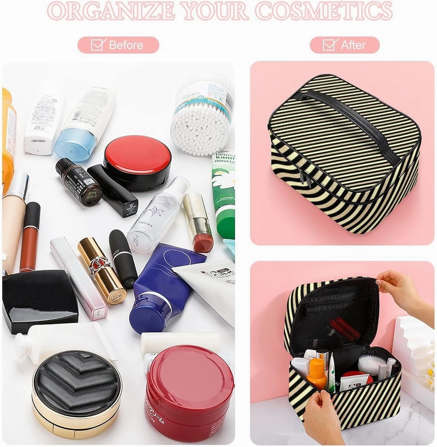 Leather Cosmetic Case, Gold Glitter Stripe Portable Makeup Bag Organizer Large Capacity Travel Toiletry Bag with Zipper