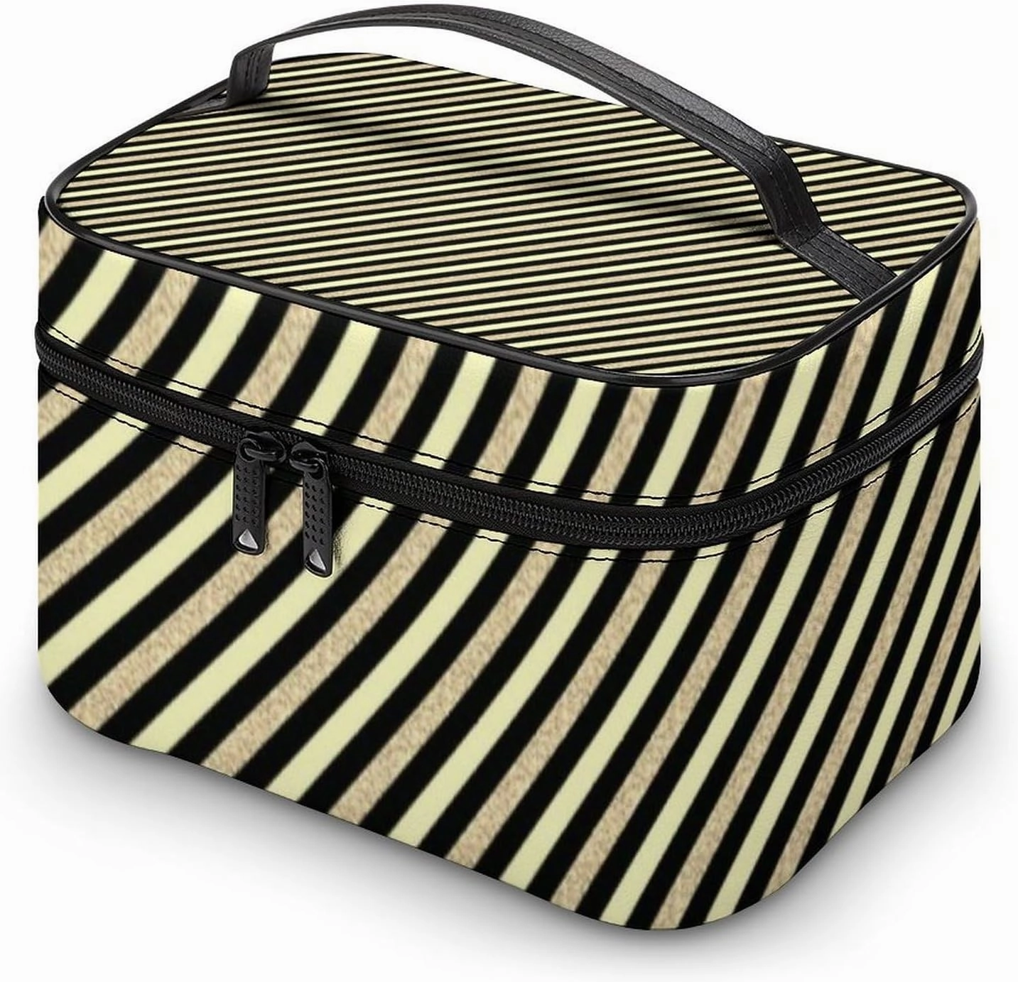 Leather Cosmetic Case, Gold Glitter Stripe Portable Makeup Bag Organizer Large Capacity Travel Toiletry Bag with Zipper