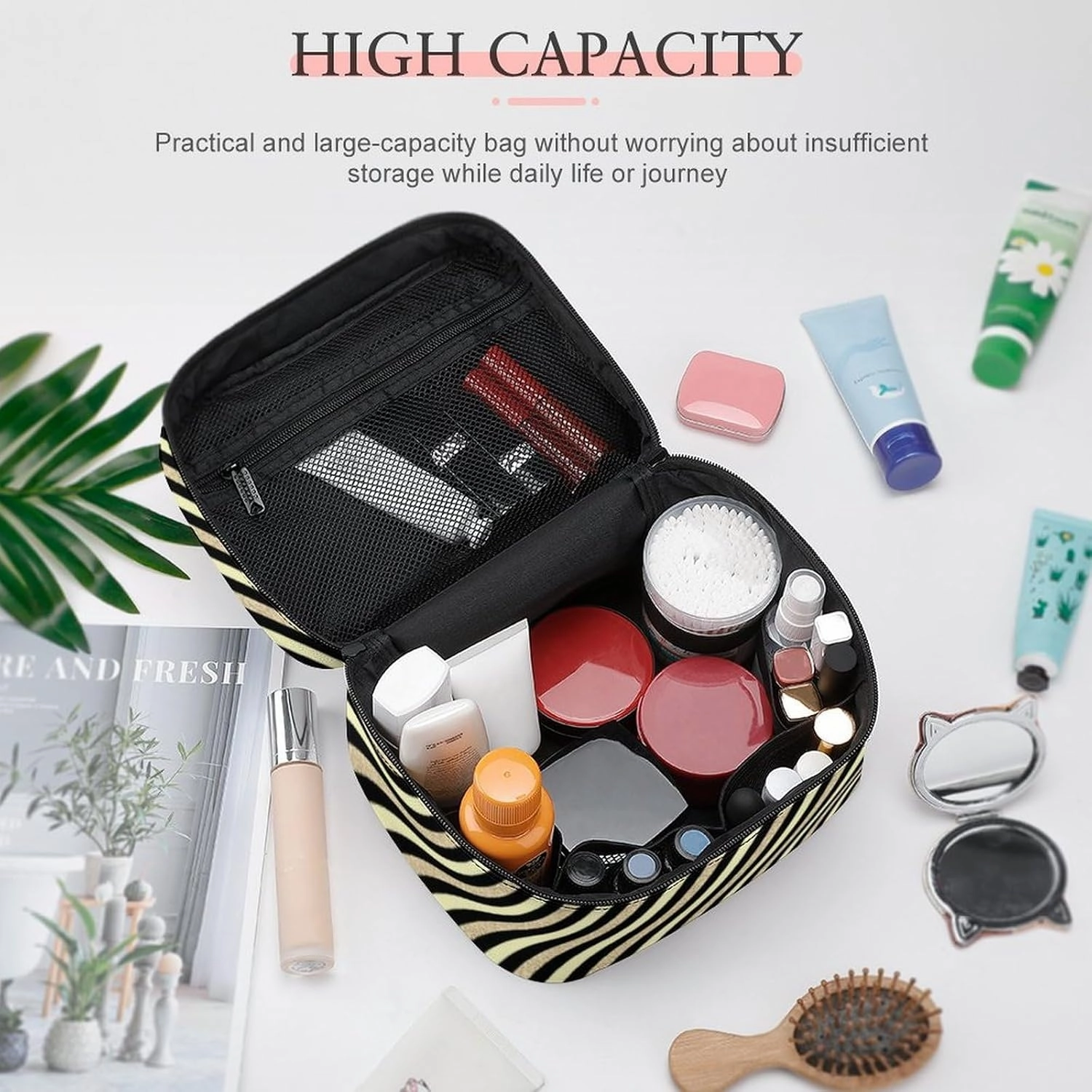 Leather Cosmetic Case, Gold Glitter Stripe Portable Makeup Bag Organizer Large Capacity Travel Toiletry Bag with Zipper