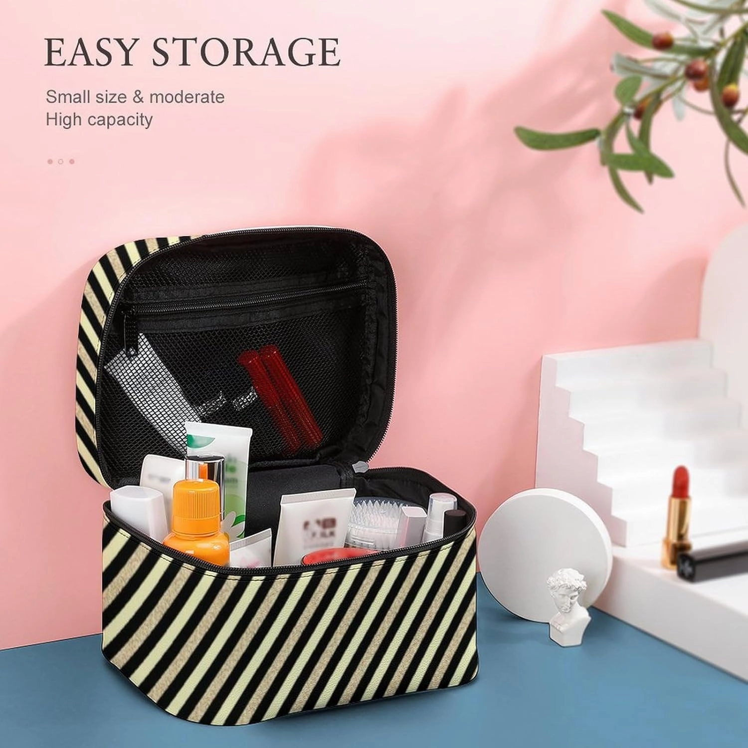 Leather Cosmetic Case, Gold Glitter Stripe Portable Makeup Bag Organizer Large Capacity Travel Toiletry Bag with Zipper
