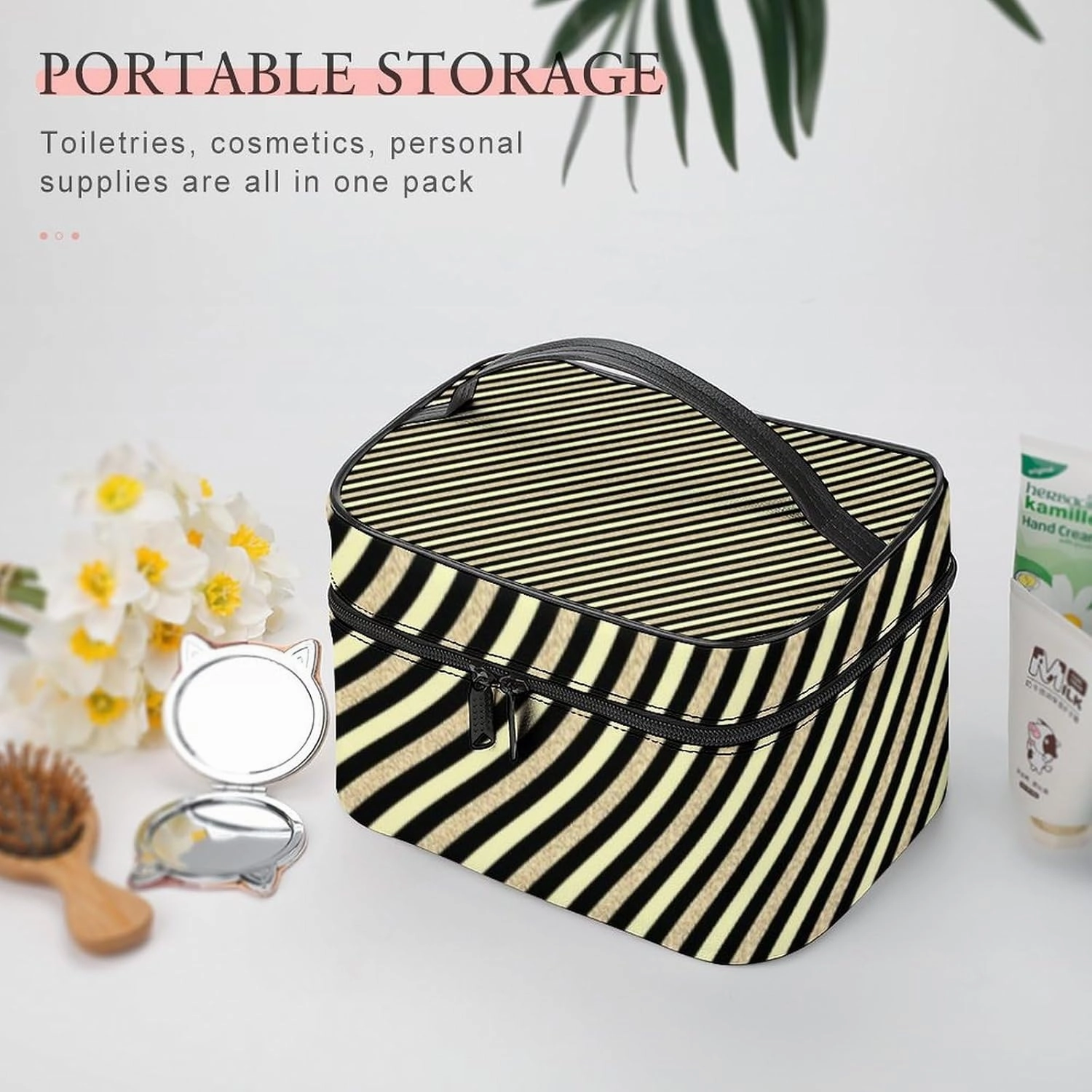 Leather Cosmetic Case, Gold Glitter Stripe Portable Makeup Bag Organizer Large Capacity Travel Toiletry Bag with Zipper