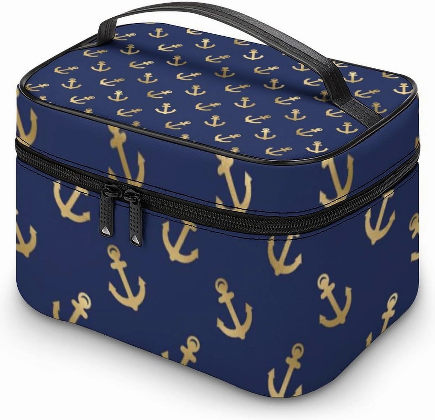 Leather Cosmetic Case, Metallic Gold Anchors on Navy Blue Portable Makeup Bag Organizer Large Capacity Travel Toiletry Bag with Zipper