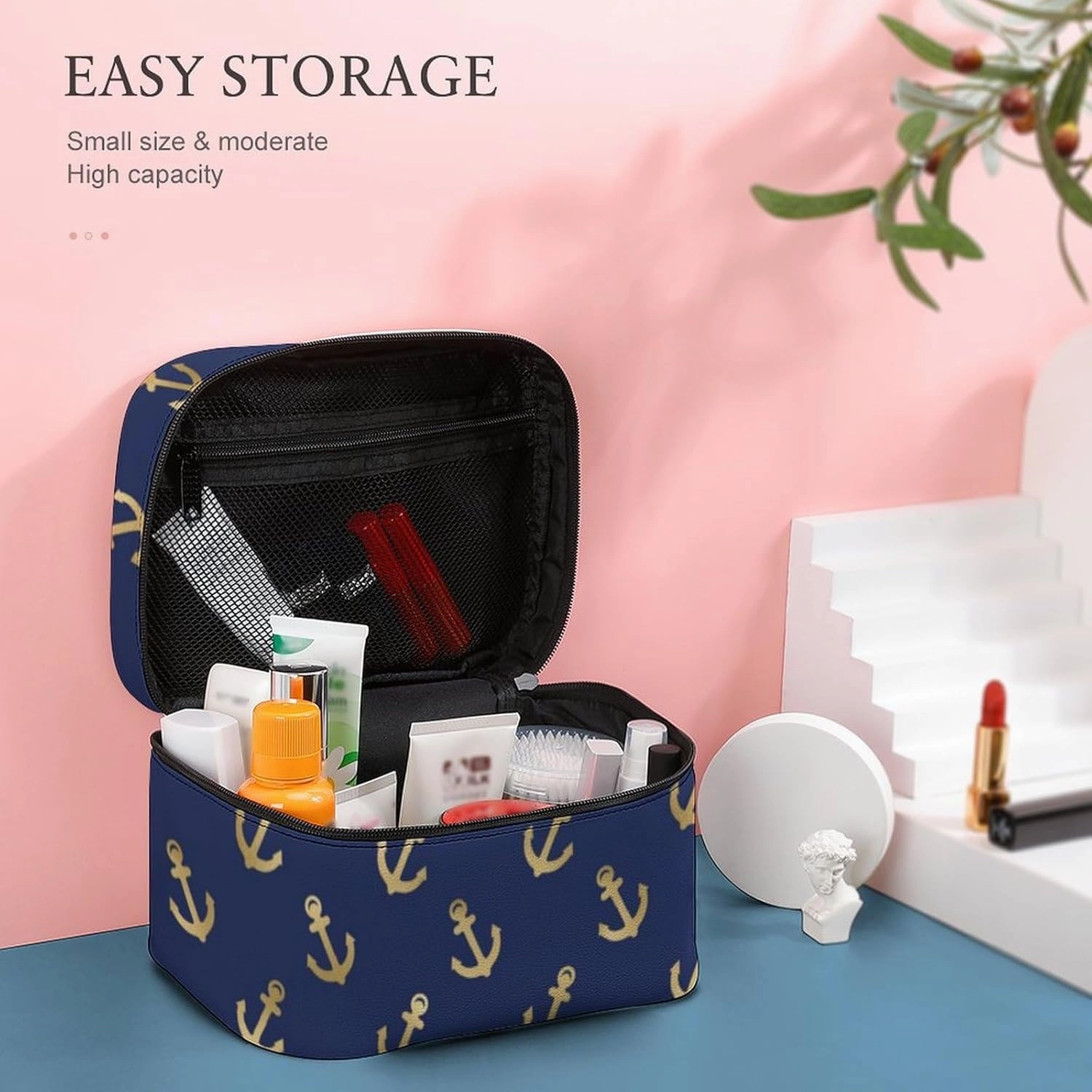 Leather Cosmetic Case, Metallic Gold Anchors on Navy Blue Portable Makeup Bag Organizer Large Capacity Travel Toiletry Bag with Zipper