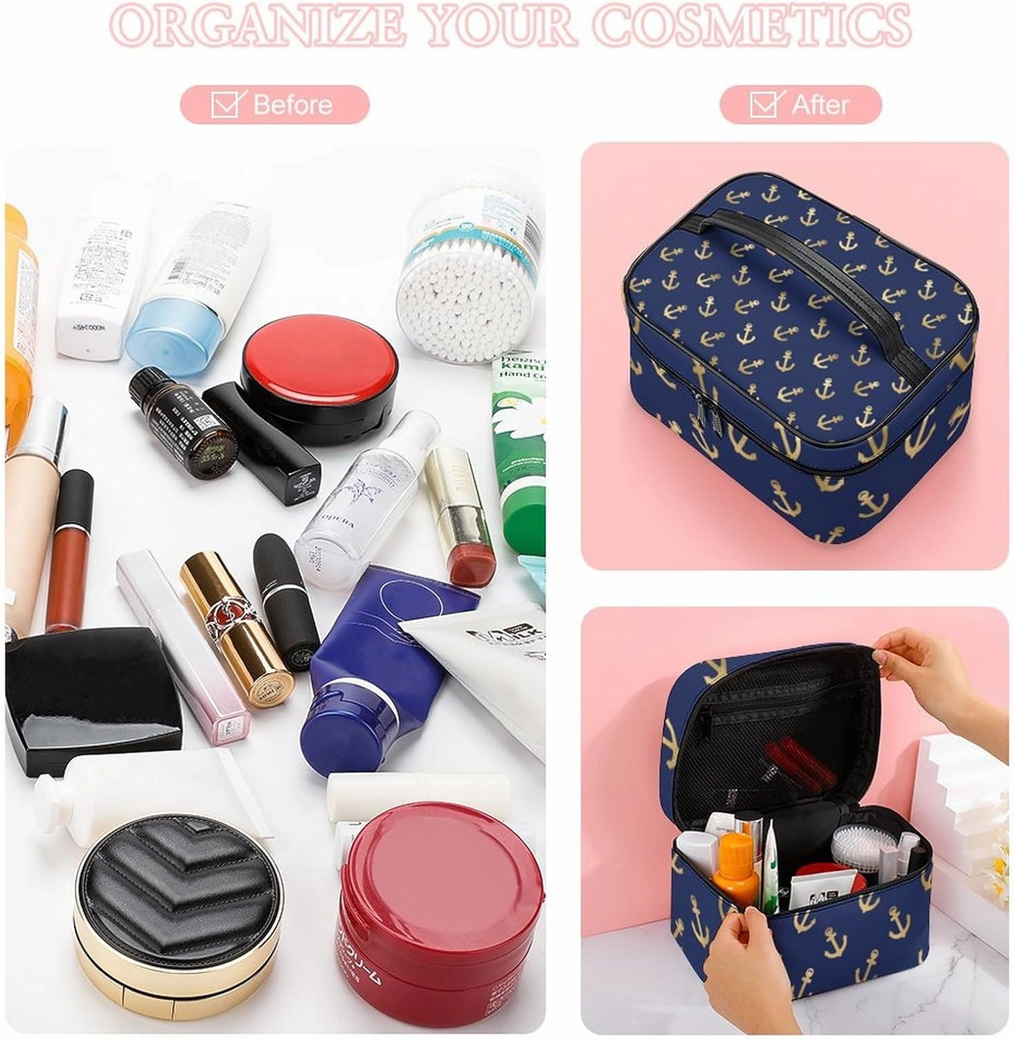 Leather Cosmetic Case, Metallic Gold Anchors on Navy Blue Portable Makeup Bag Organizer Large Capacity Travel Toiletry Bag with Zipper