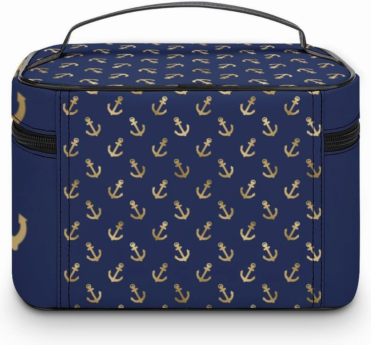 Leather Cosmetic Case, Metallic Gold Anchors on Navy Blue Portable Makeup Bag Organizer Large Capacity Travel Toiletry Bag with Zipper