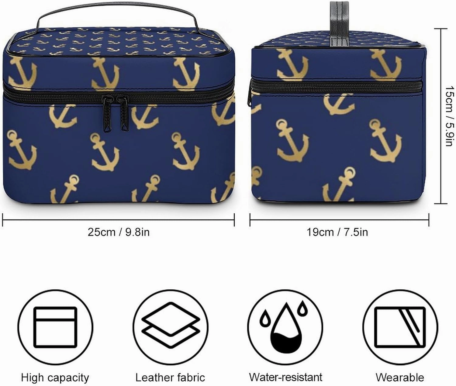 Leather Cosmetic Case, Metallic Gold Anchors on Navy Blue Portable Makeup Bag Organizer Large Capacity Travel Toiletry Bag with Zipper