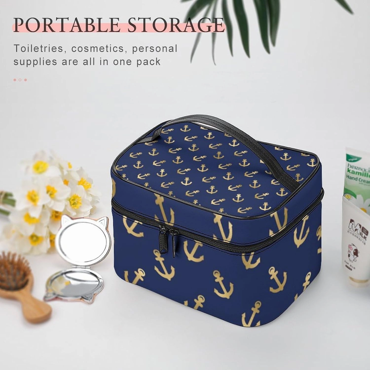 Leather Cosmetic Case, Metallic Gold Anchors on Navy Blue Portable Makeup Bag Organizer Large Capacity Travel Toiletry Bag with Zipper
