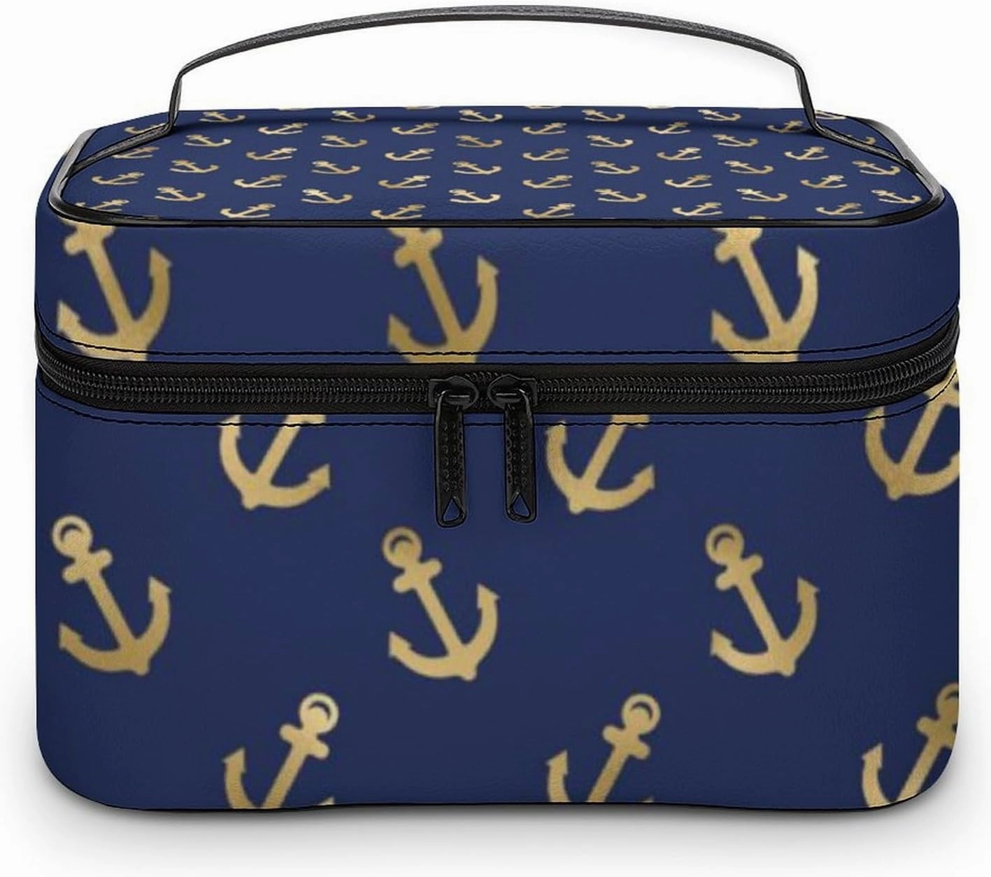 Leather Cosmetic Case, Metallic Gold Anchors on Navy Blue Portable Makeup Bag Organizer Large Capacity Travel Toiletry Bag with Zipper