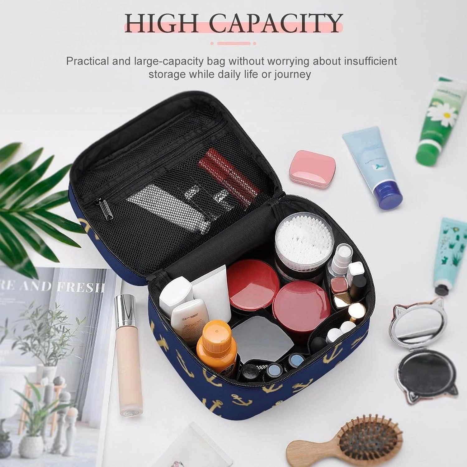 Leather Cosmetic Case, Metallic Gold Anchors on Navy Blue Portable Makeup Bag Organizer Large Capacity Travel Toiletry Bag with Zipper