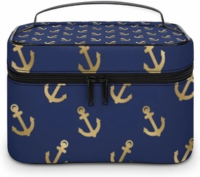 Leather Cosmetic Case, Metallic Gold Anchors on Navy Blue Portable Makeup Bag Organizer Large Capacity Travel Toiletry Bag with Zipper
