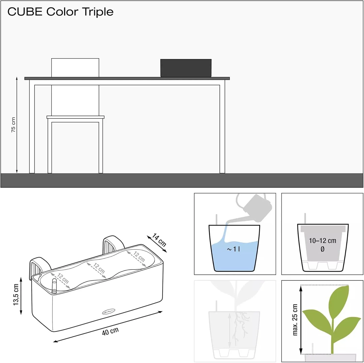 Lechuza 13686 Cube Color Triple Self-Watering Garden Planter for Indoor and Outdoor Use, 16" x 5.5" x 5.25", Sand Brown