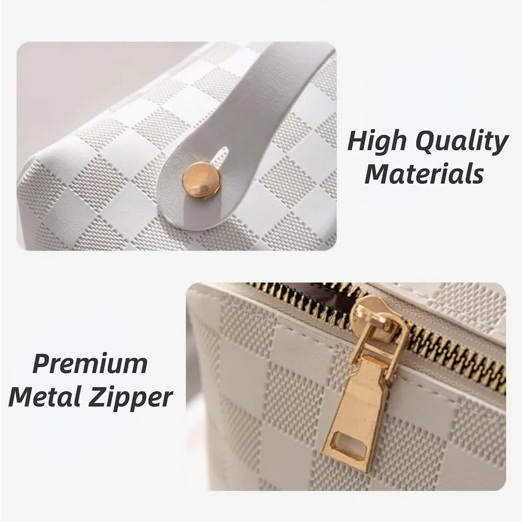 Lently Makeup Bag, Travel Cosmetic Bags for Women Make Up Bag Organizer Case Everything Makeup Bag, Large Capacity Portable (Grid, Mocha Brown)