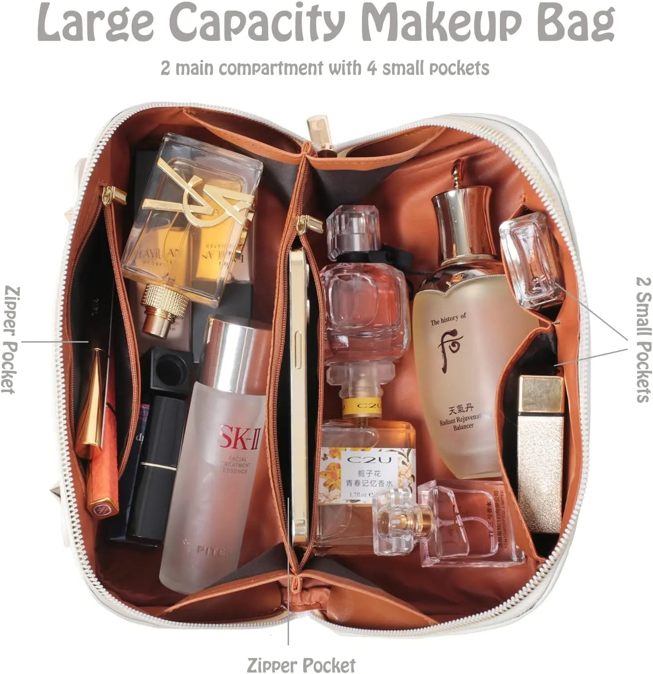 Lently Makeup Bag, Travel Cosmetic Bags for Women Make Up Bag Organizer Case Everything Makeup Bag, Large Capacity Portable (Grid, Mocha Brown)