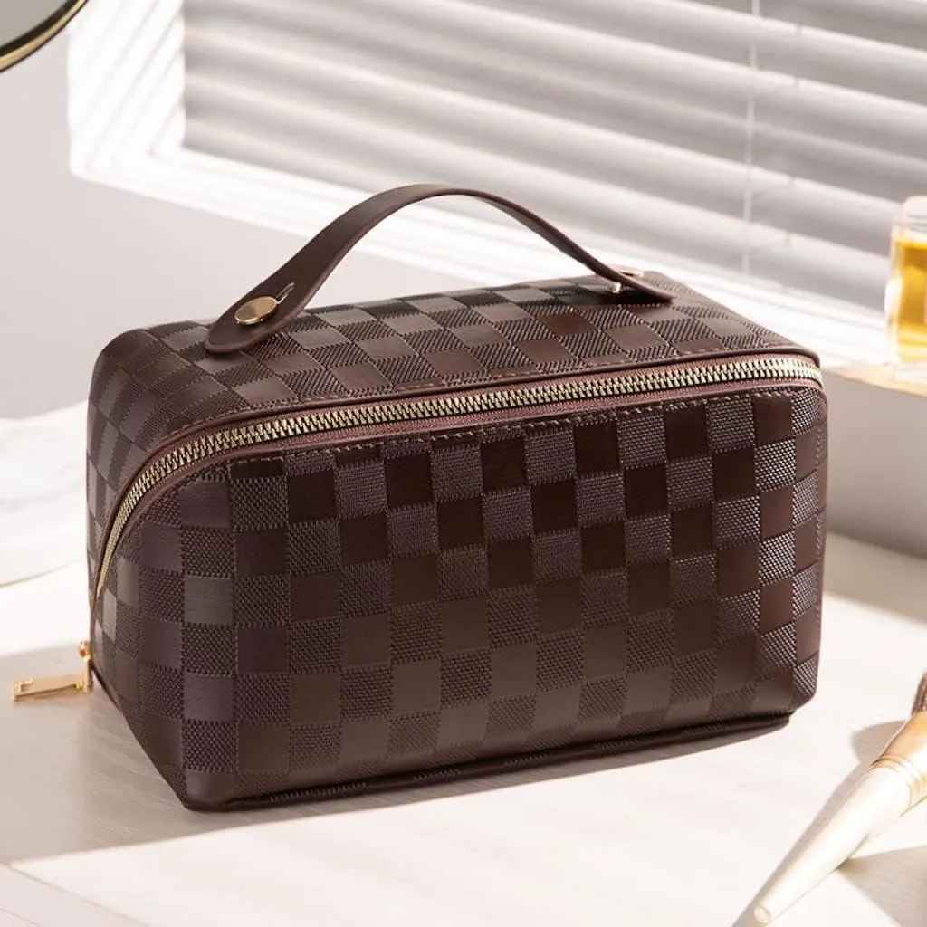 Lently Makeup Bag, Travel Cosmetic Bags for Women Make Up Bag Organizer Case Everything Makeup Bag, Large Capacity Portable (Grid, Mocha Brown)