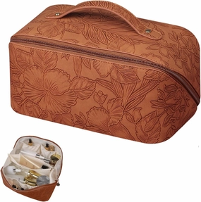 Lently Makeup Bag, Travel Cosmetic Bags for Women Make Up Bag Organizer Case Everything Makeup Bag, Large Capacity Portable (Emboss, Coffee Brown), EMB0001