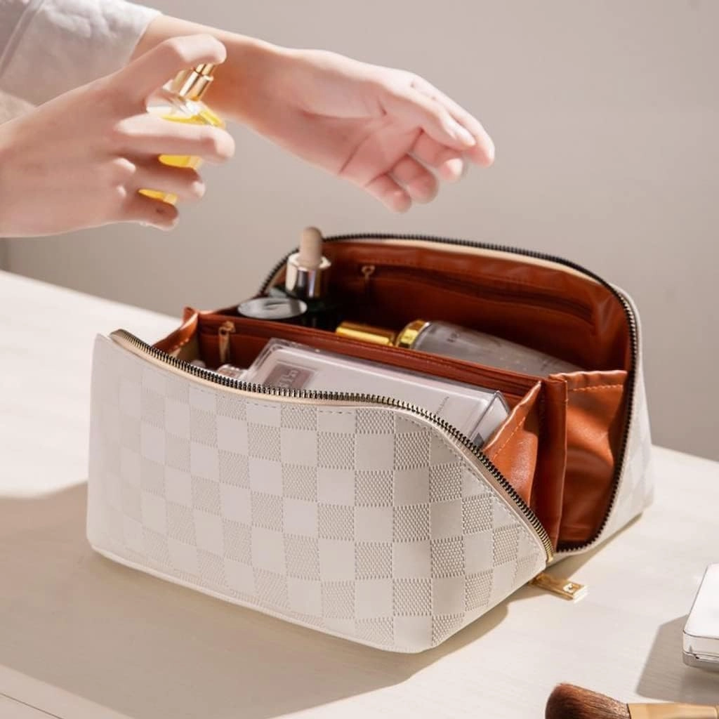 Lently Makeup Bag, Travel Cosmetic Bags for Women Make Up Bag Organizer Case Everything Makeup Bag, Large Capacity Portable (Grid, Almond Milk White)