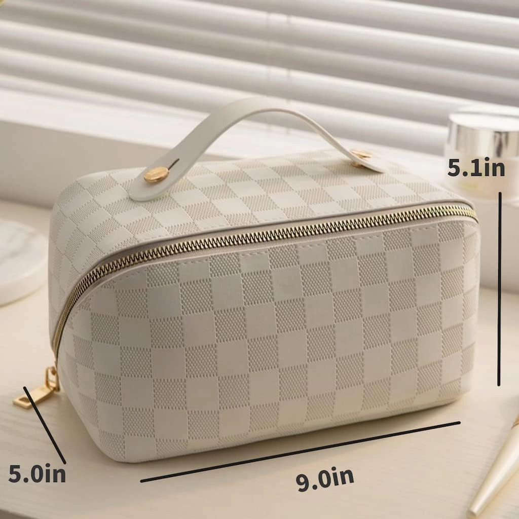 Lently Makeup Bag, Travel Cosmetic Bags for Women Make Up Bag Organizer Case Everything Makeup Bag, Large Capacity Portable (Grid, Almond Milk White)