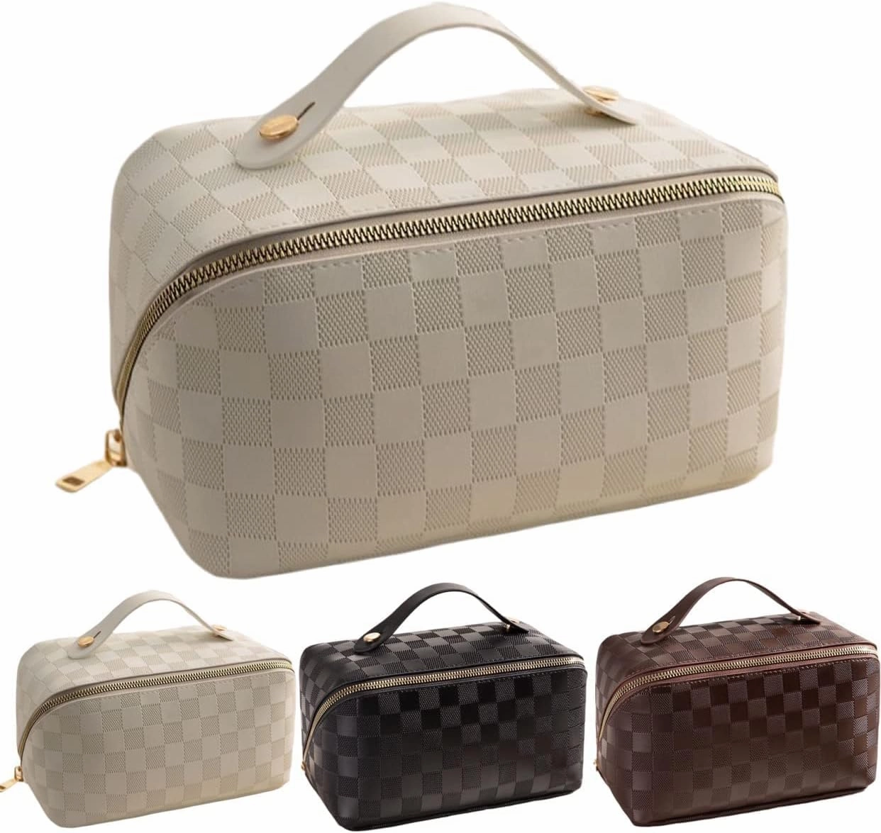 Lently Makeup Bag, Travel Cosmetic Bags for Women Make Up Bag Organizer Case Everything Makeup Bag, Large Capacity Portable (Grid, Almond Milk White)