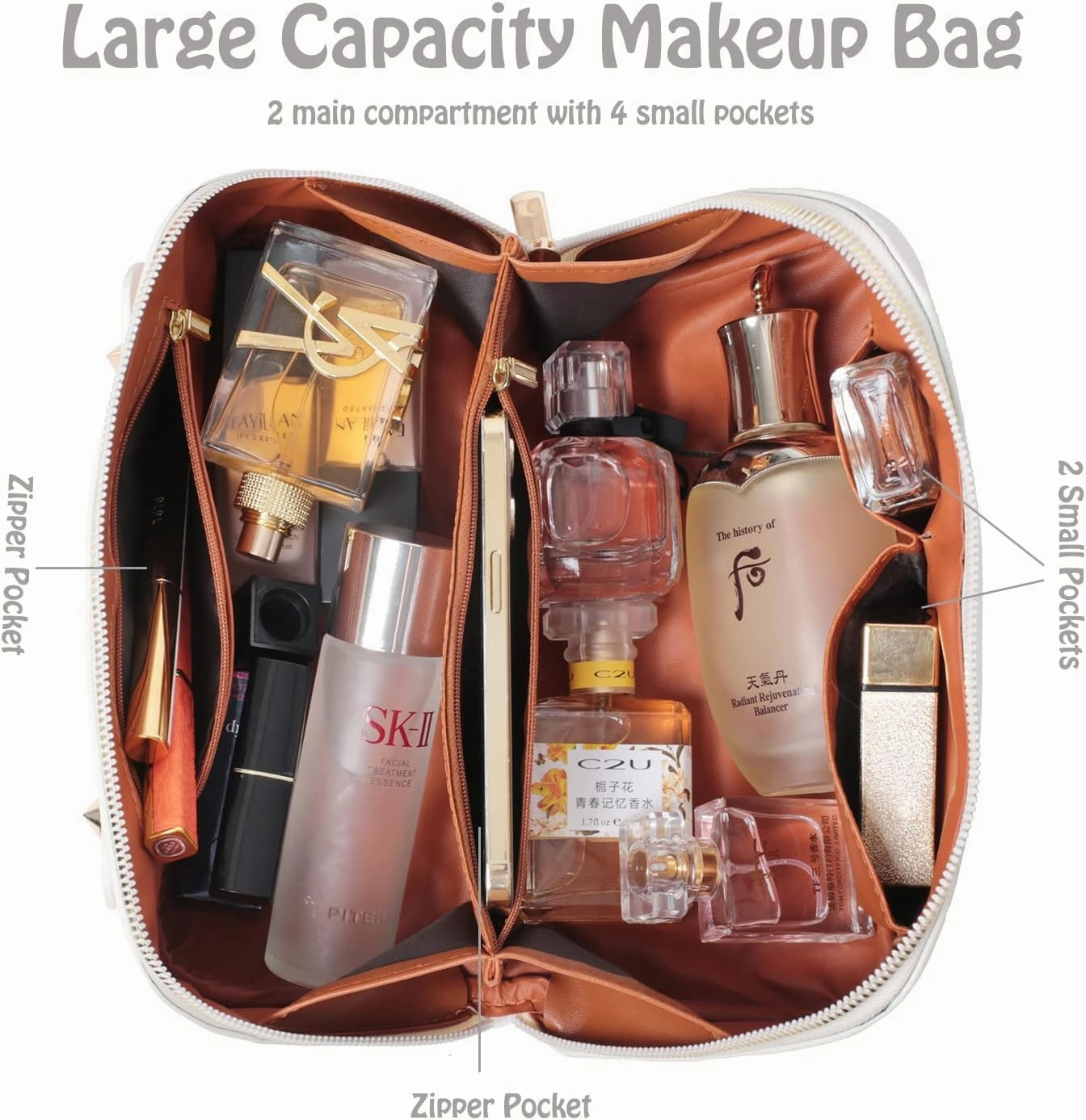 Lently Makeup Bag, Travel Cosmetic Bags for Women Make Up Bag Organizer Case Everything Makeup Bag, Large Capacity Portable (Grid, Almond Milk White)