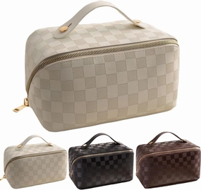 Lently Makeup Bag, Travel Cosmetic Bags for Women Make Up Bag Organizer Case Everything Makeup Bag, Large Capacity Portable (Grid, Almond Milk White)