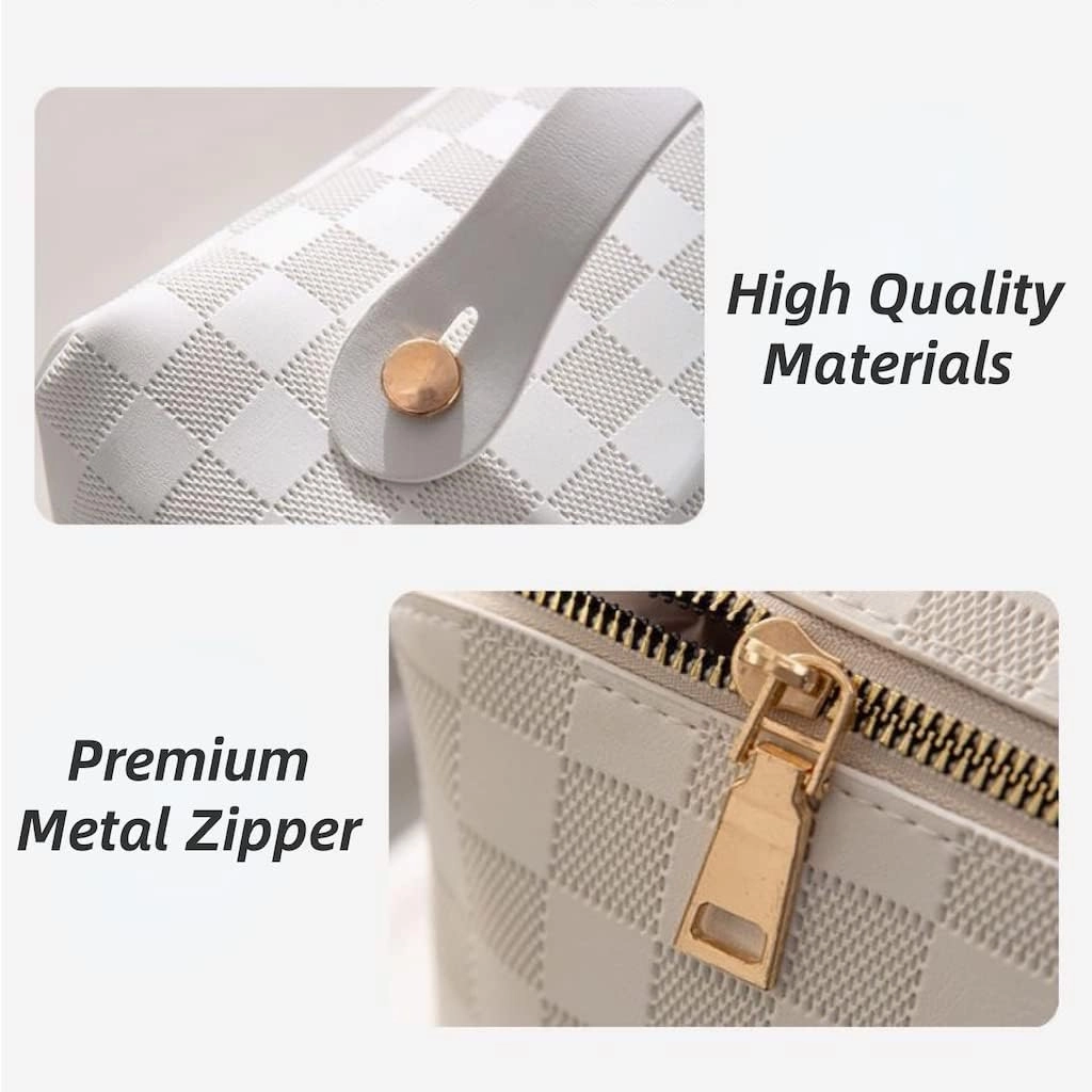 Lently Makeup Bag, Travel Cosmetic Bags for Women Make Up Bag Organizer Case Everything Makeup Bag, Large Capacity Portable (Grid, Mocha Brown)