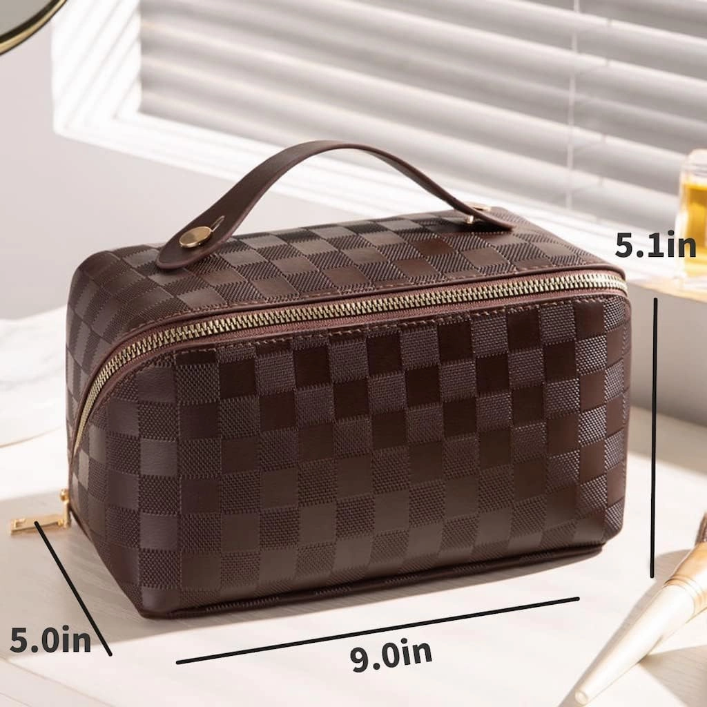 Lently Makeup Bag, Travel Cosmetic Bags for Women Make Up Bag Organizer Case Everything Makeup Bag, Large Capacity Portable (Grid, Mocha Brown)