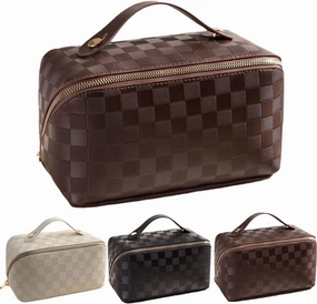 Lently Makeup Bag, Travel Cosmetic Bags for Women Make Up Bag Organizer Case Everything Makeup Bag, Large Capacity Portable (Grid, Mocha Brown)