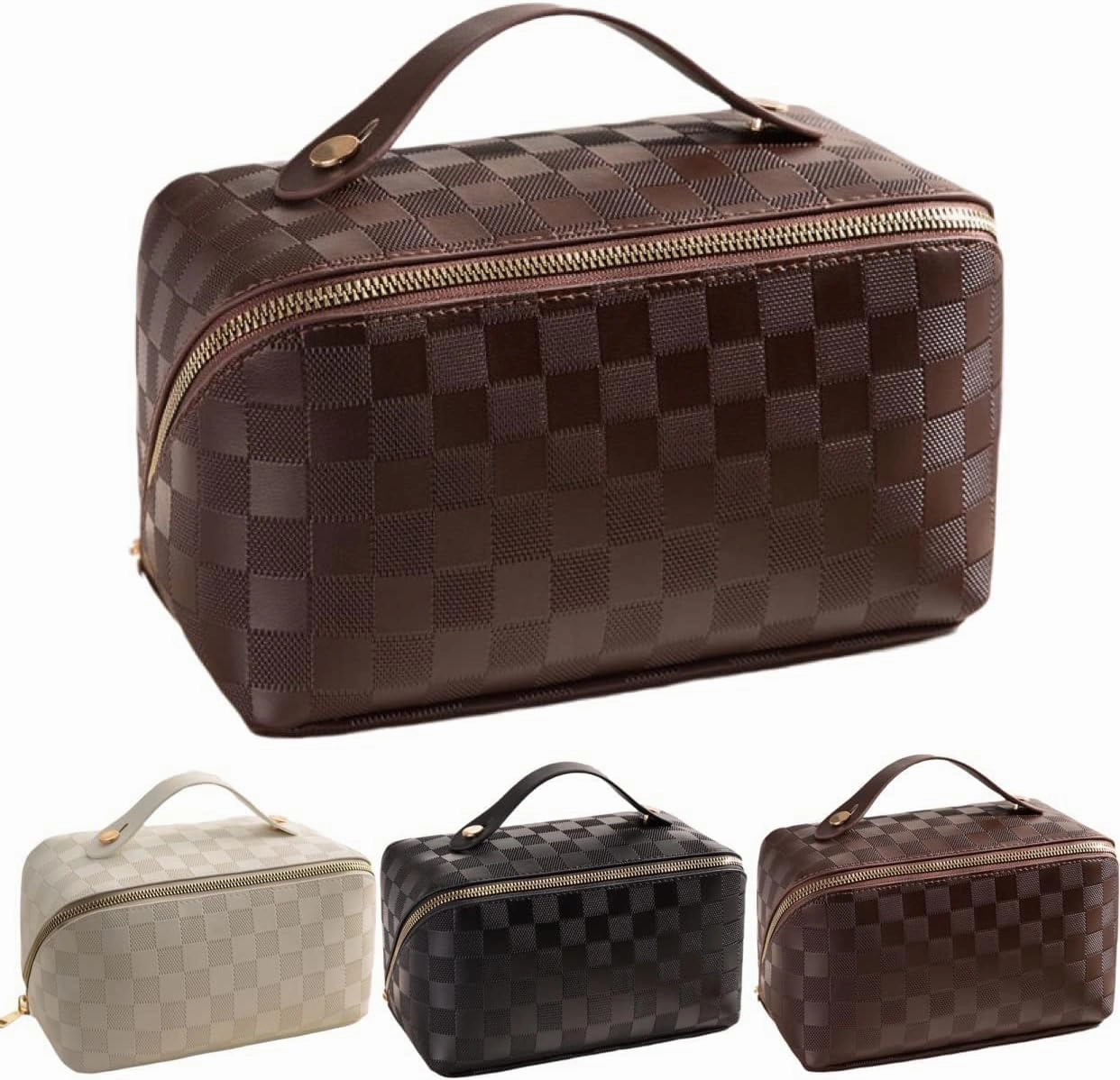 Lently Makeup Bag, Travel Cosmetic Bags for Women Make Up Bag Organizer Case Everything Makeup Bag, Large Capacity Portable (Grid, Mocha Brown)