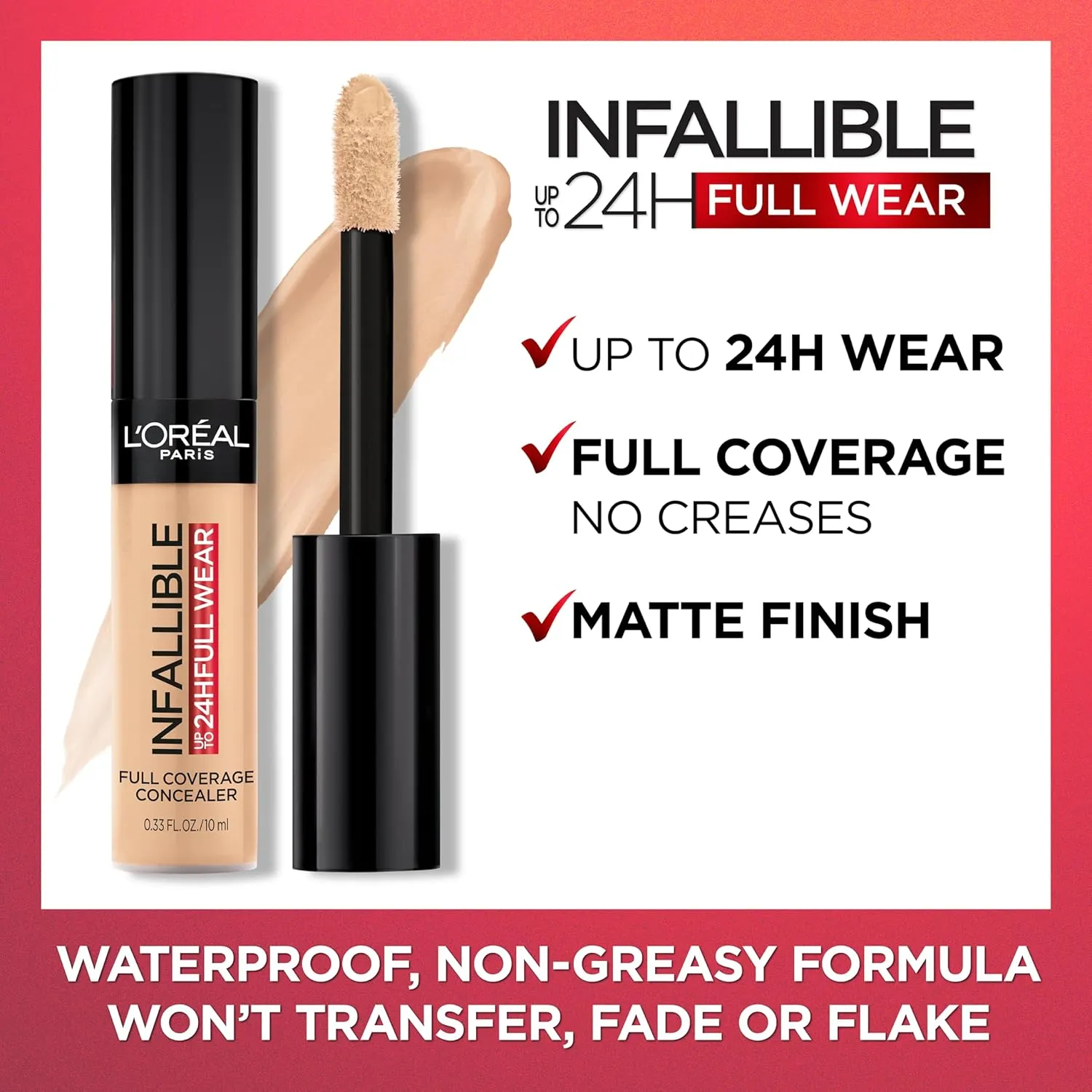 L'Oreal Paris Makeup Infallible Full Wear Waterproof Matte Concealer, Full Coverage, Cashew, 0.33 fl. oz.