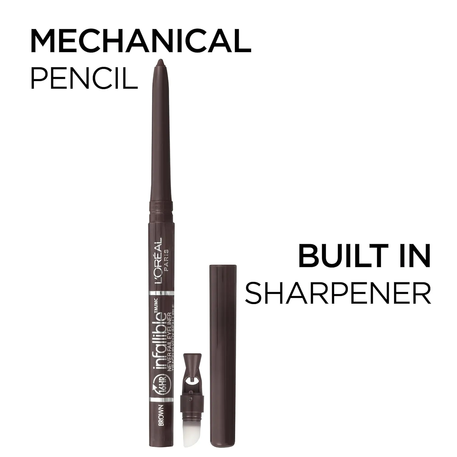 L'Oreal Paris Makeup Infallible Never Fail Original Mechanical Pencil Eyeliner with Built in Sharpener, Black Brown, 1 Count (Pack of 2)
