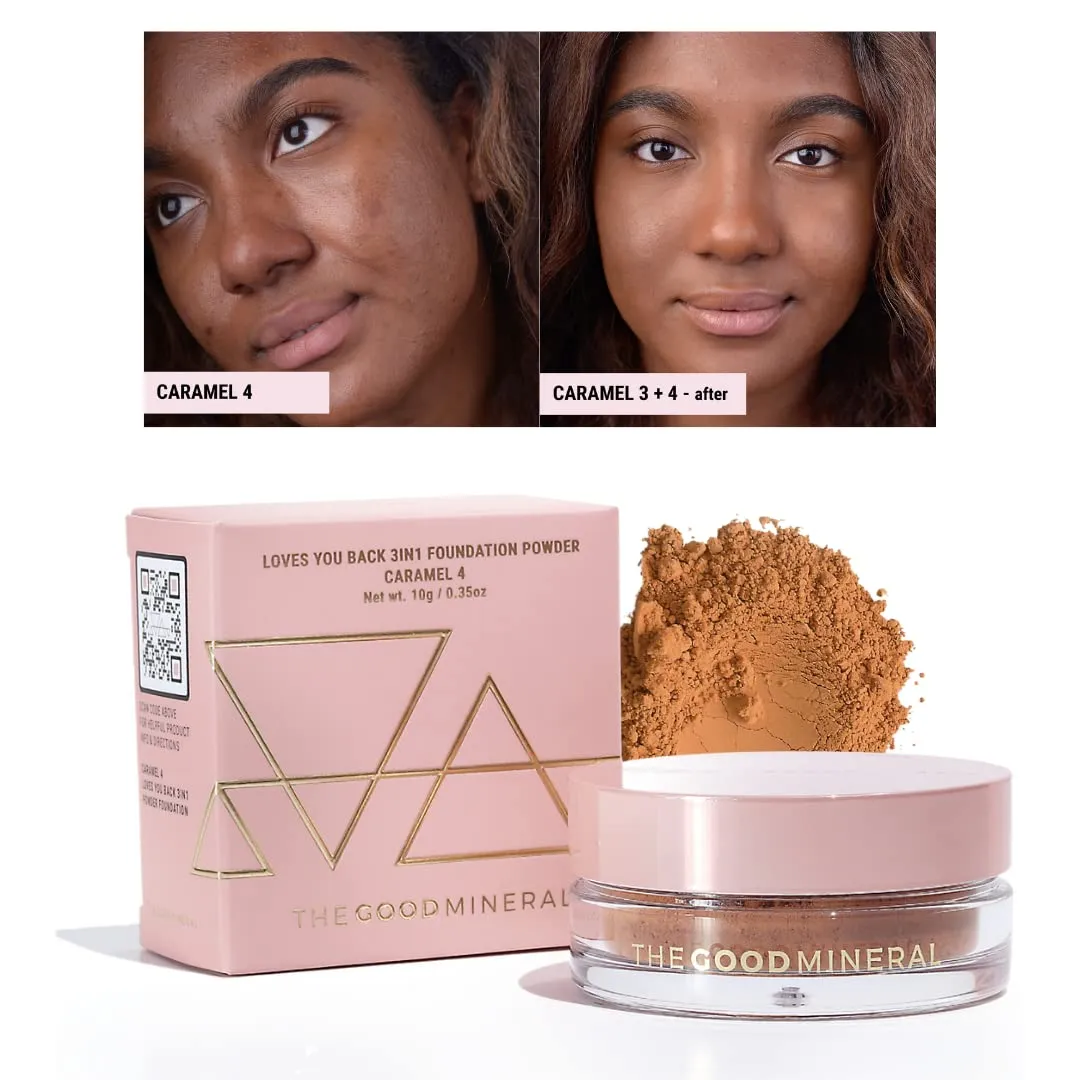 Loves-You-Back 3in1 Mineral Powder Foundation (CARAMEL 4) | Designed for Acne-Prone, Sensitive Skin | Hyperpigmentation | Covers Dark Circles | 3IN1 - Concealer, Foundation   Powder