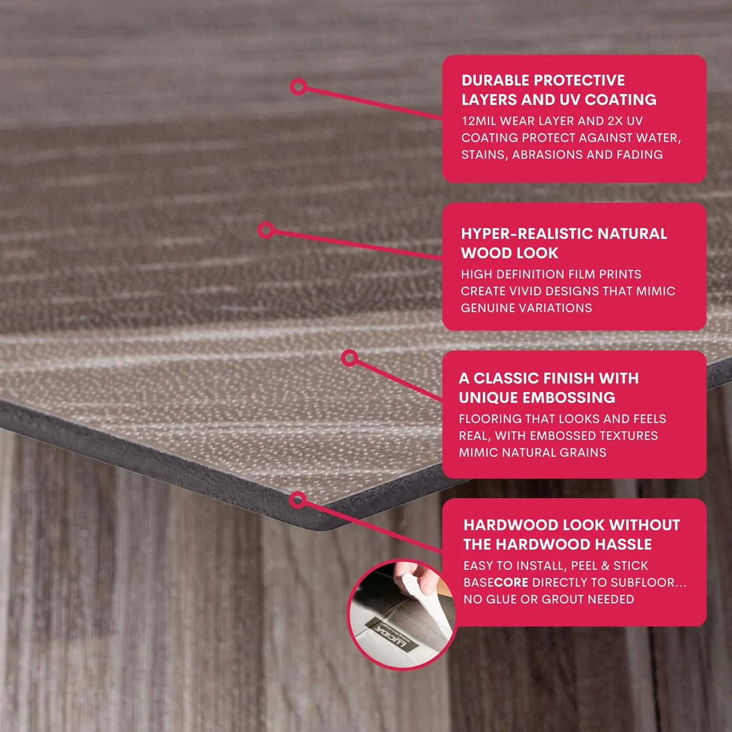 LUCiDA SURFACES Luxury Vinyl Flooring Tiles | Peel and Stick Floor Tile for DIY Installation | 36 Wood Look Planks | Brown Chevron | BaseCore | 54 Sq. Feet