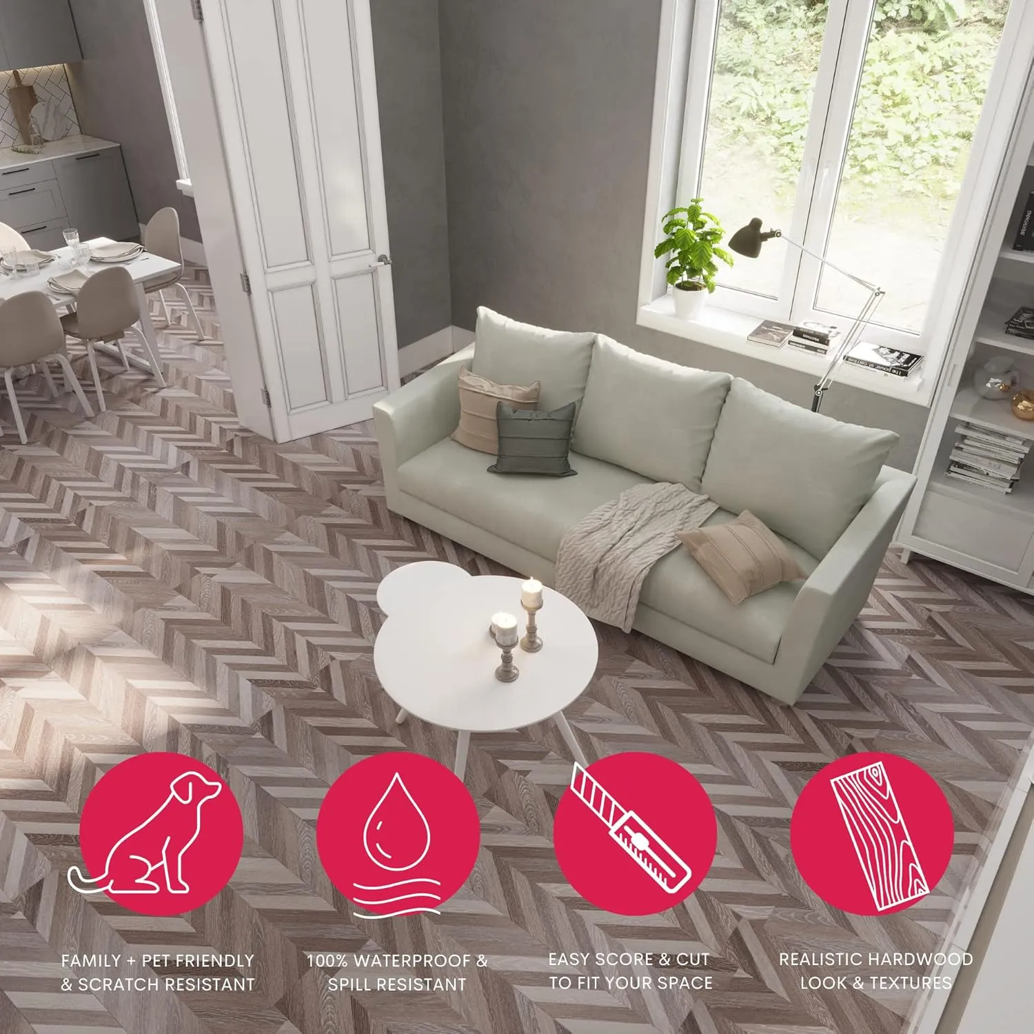 LUCiDA SURFACES Luxury Vinyl Flooring Tiles | Peel and Stick Floor Tile for DIY Installation | 36 Wood Look Planks | Brown Chevron | BaseCore | 54 Sq. Feet