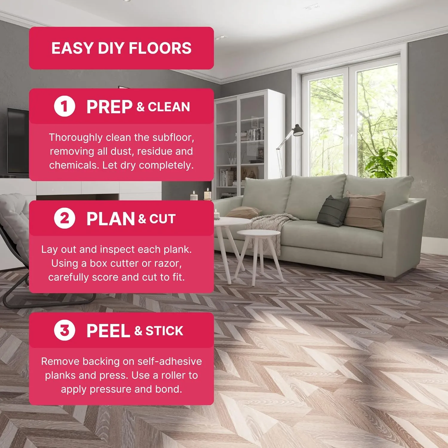 LUCiDA SURFACES Luxury Vinyl Flooring Tiles | Peel and Stick Floor Tile for DIY Installation | 36 Wood Look Planks | Brown Chevron | BaseCore | 54 Sq. Feet