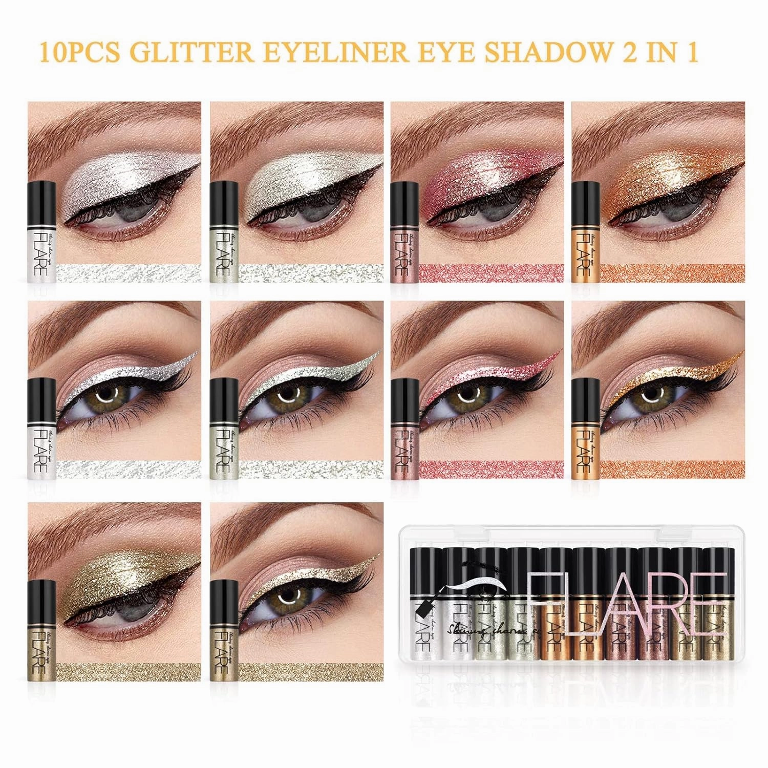 Lucoss Glitter Eyeliner Eyeshadow Liquid, Long Lasting Waterproof Sparkling Eye shadow Liquid Metallic Eye liner Eye Glitter for Women,PEARL WHITE/SILVER/GOLD/RED (10Pcs(5 Colors))