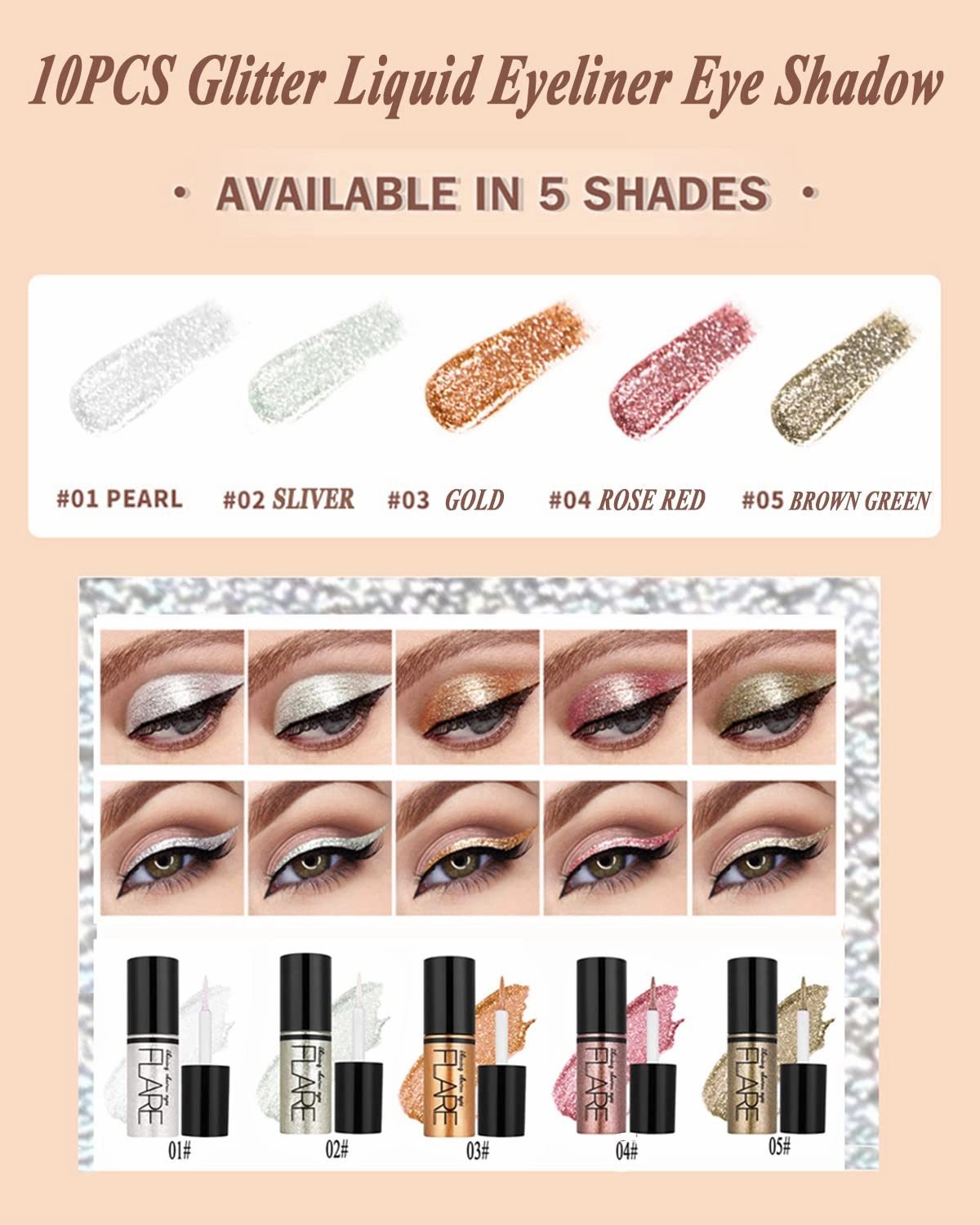 Lucoss Glitter Eyeliner Eyeshadow Liquid, Long Lasting Waterproof Sparkling Eye shadow Liquid Metallic Eye liner Eye Glitter for Women,PEARL WHITE/SILVER/GOLD/RED (10Pcs(5 Colors))
